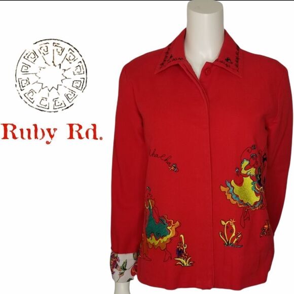 RUBY Rd. Womens Red Cotton Button Front Floral Lined Embroidered Collar Blazer - Picture 15 of 15